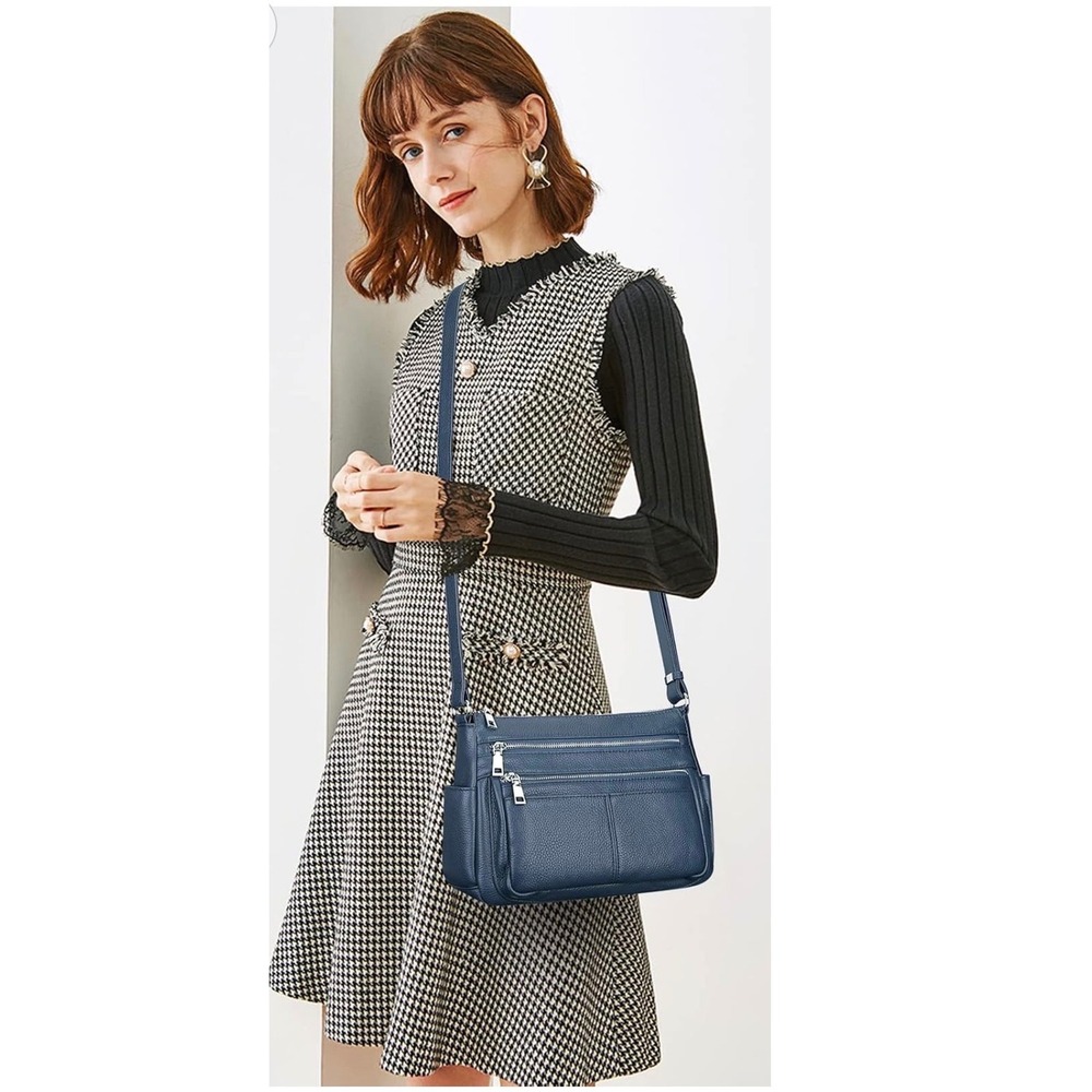 Over Earth Navy Blue Top Grain Leather Crossbody Bag Multi Zip Shoulder Bag